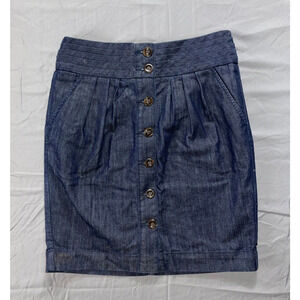Pilcro and the Letterpress Pleated Open Button Line Denim Pencil Skirt. 6, EUC!!